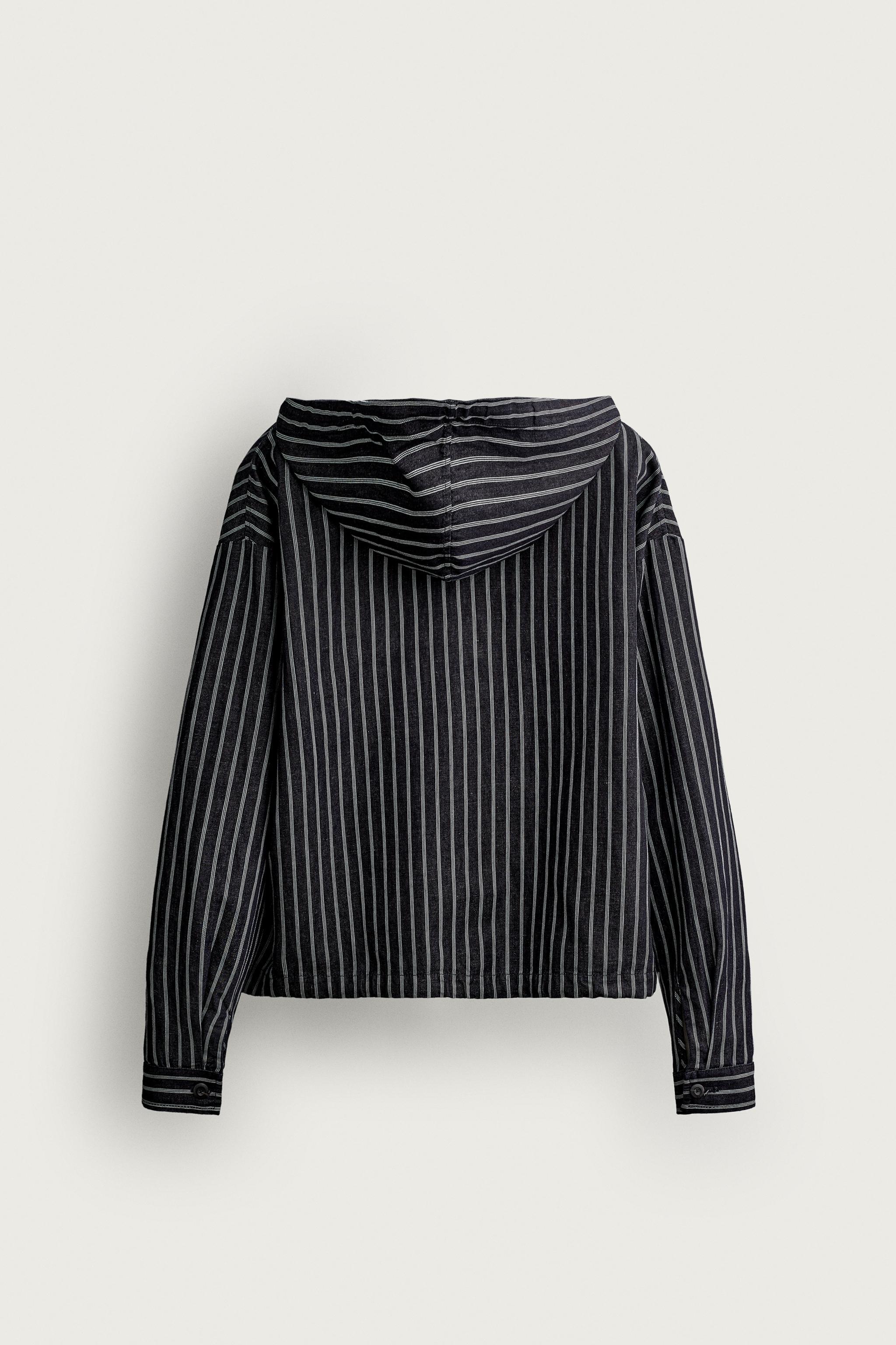 STRIPED COTTON-LINEN HOODIE OVERSHIRT